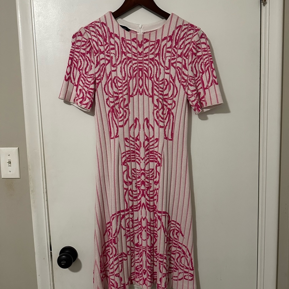 Ming Wang Pink & Cream Patterned Midi Knit Dress